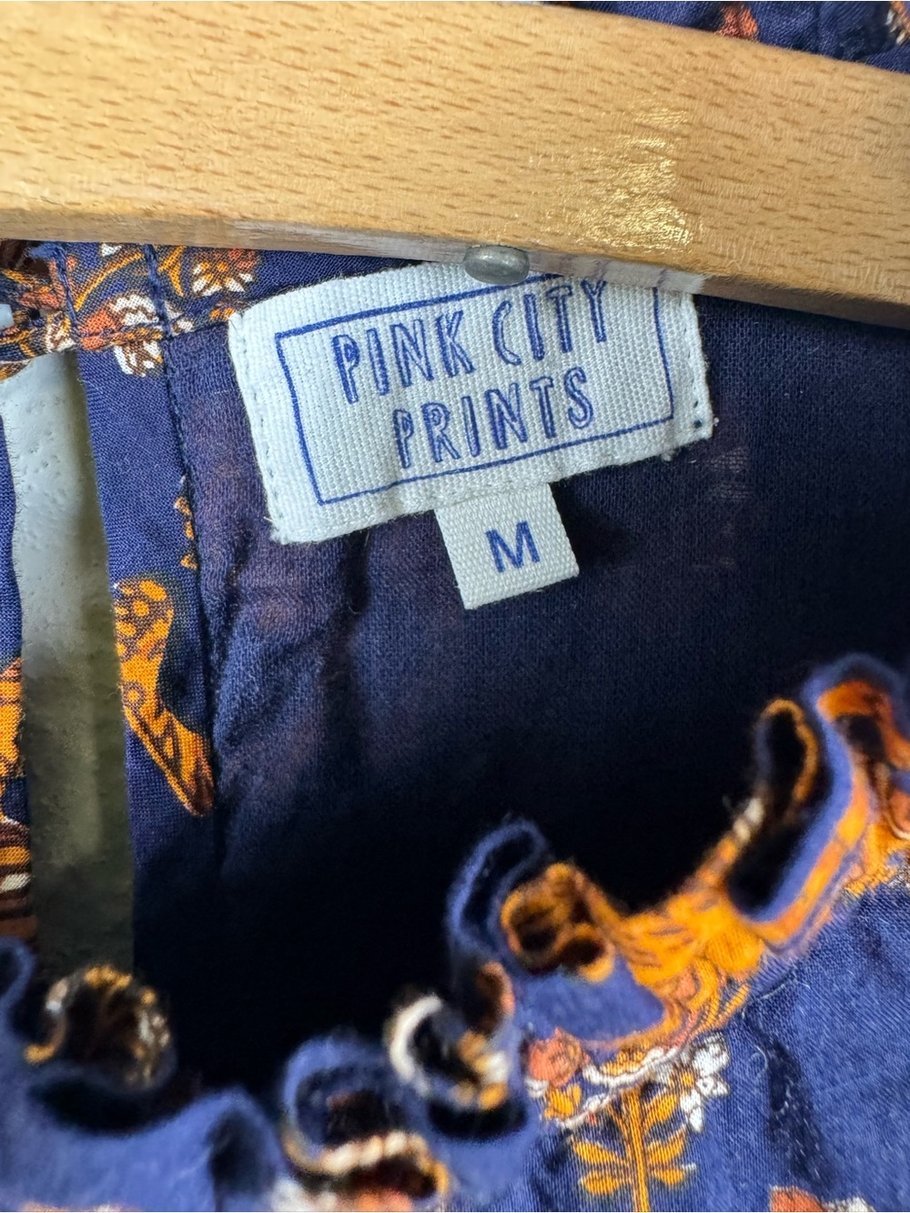 Pink City Prints Tiger Block Print Cotton Midi Dress Ruffle Neck India Size M - Picture 4 of 13